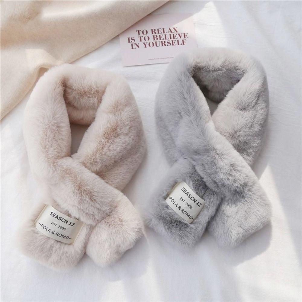 Faux Rabbit Fur Plush Neck Scarf Solid Color Neckerchief Wrap Cute Cross Scarf Women