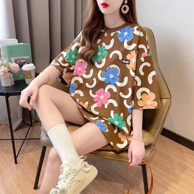 Летняя винтажная футболка с принтом Мода Женская Оверсайз Графические Длинные Футболки Y2k Топы Харадзюку хип-хоп Уличная одежда молодежная