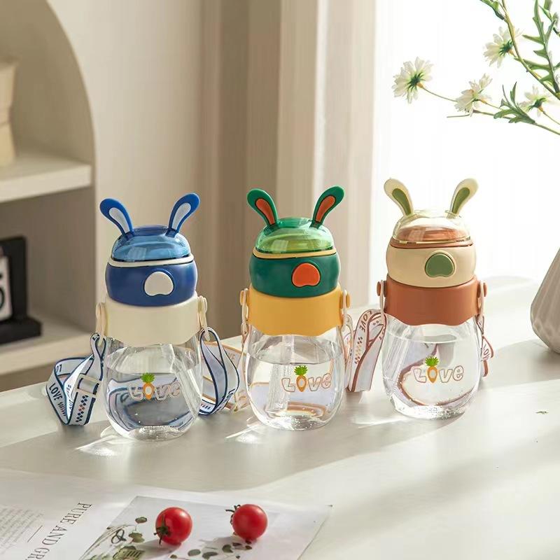 Water bottle new kindergarten straw cup direct drinking belt strap large capacity cute rabbit children portable outdoor plastic kettle