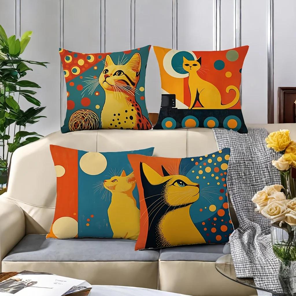 Vibrant Retro Art Cat Pillow Cover Decorative Pillow Case Cushion Cover For Home Couch Sofa Living Room Bedroom Bed Decorat