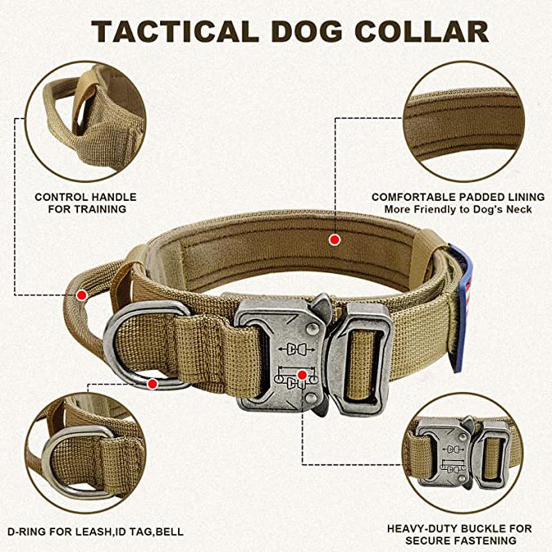 Military Tactical Dog Collar Durable Adjustable Nylon Collar with Control Handle for Medium Large Dogs Walking Pet