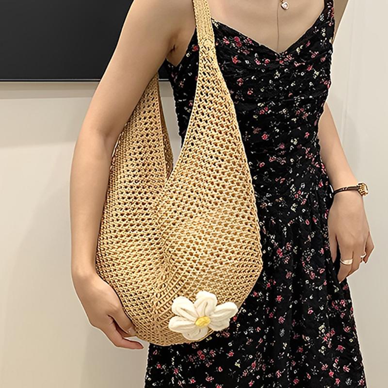 Women'S Braided Bag Korean Style Shoulder Tote Bag Lazy Style Knitted Hollow Flower Beach Bag