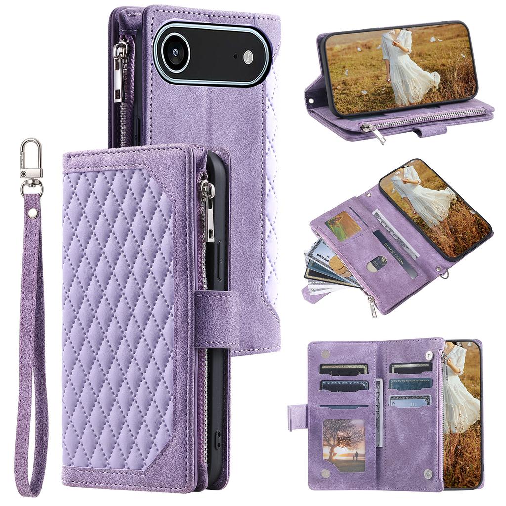 For iPhone 17 Air Wallet Case Rhombus Stitching Line PU Leather Phone Cover with Wrist Strap
