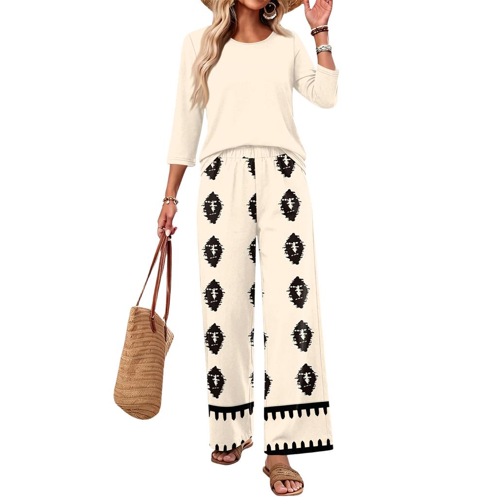 Women's Casual Fashion Round Neck Loose Fit Printed Three Quarter Sleeve Top with Wide Leg Pants Set Comfortable Two Piece Outfit