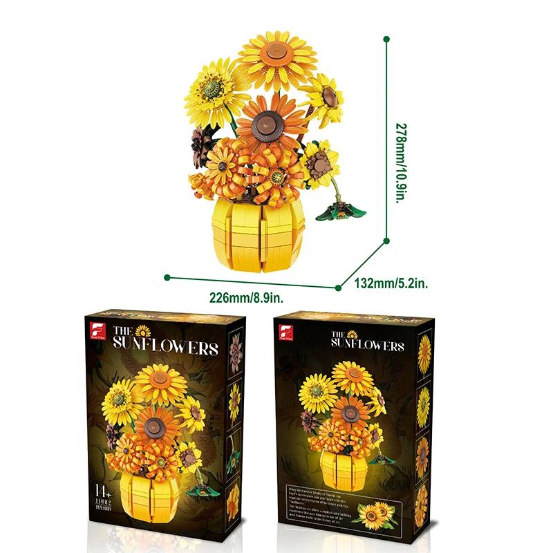 Non-Toxic 1009Pcs Sunflower Building Blocks Flower Bouquet Vase Model Bricks Set Idea Home Decoration Kids Educational Toys Holiday Gifts