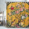 Водонепроницаемая шторка для душа с элегантными пионами и птицами на ярком желтом фоне для роскошного декора ванной комнаты