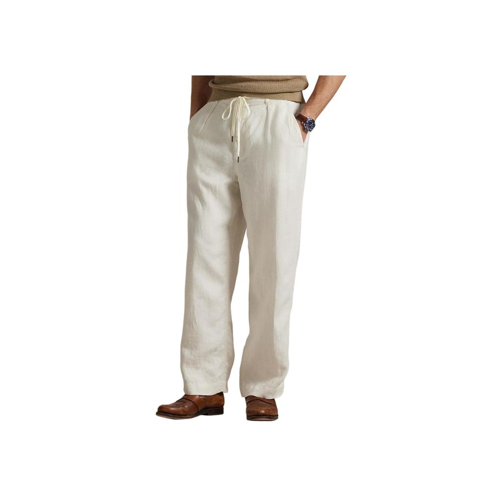 Polo Ralph Lauren Solid Pleated Linen Long Casual Pants Men Bottoms Cream 710971941-002