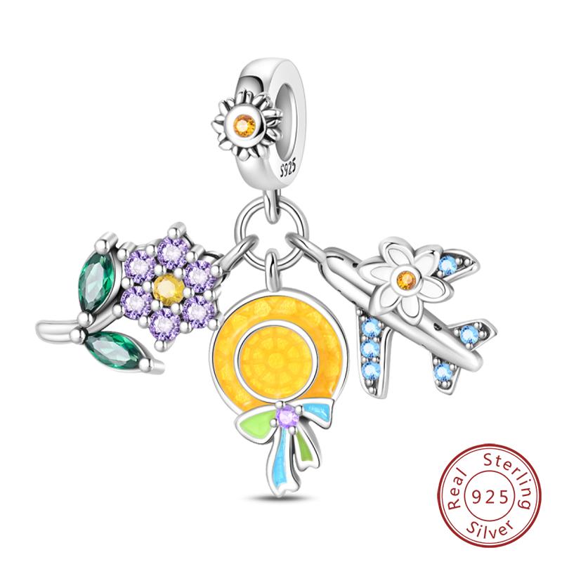 New Summer Day 925 Silver Seaside Sailboat Coconut Tree Sunglasses Camera Charms Beads Fit DIY Silver Bracelets Jewelry