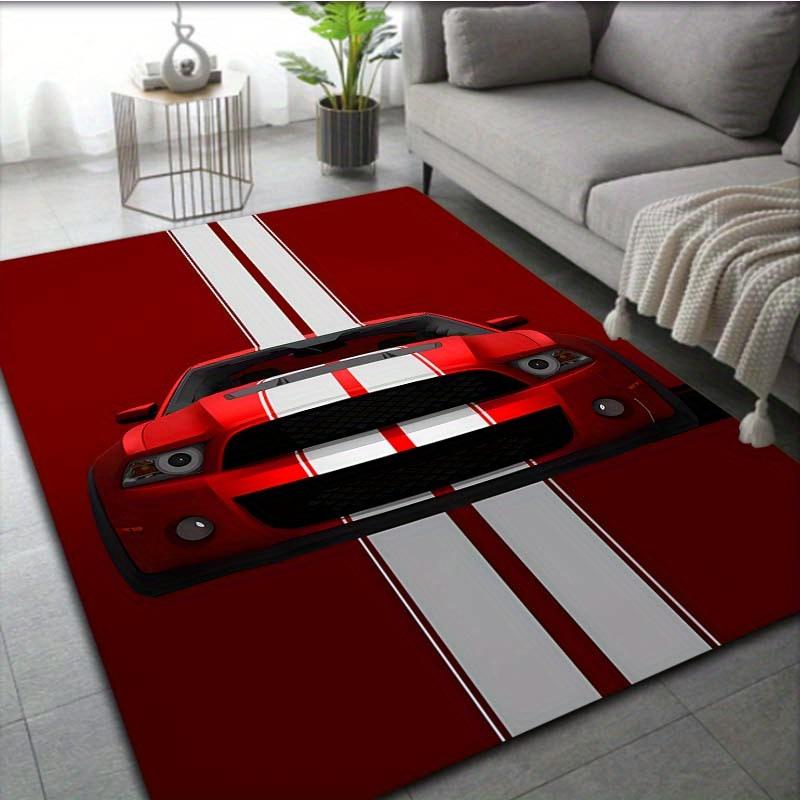Red Racing Car Pattern Floor Mat, Soft Touch  Non-Slip, Washable Rug for Living Room, Bedroom, Office, Cool Sporty Room Decor
