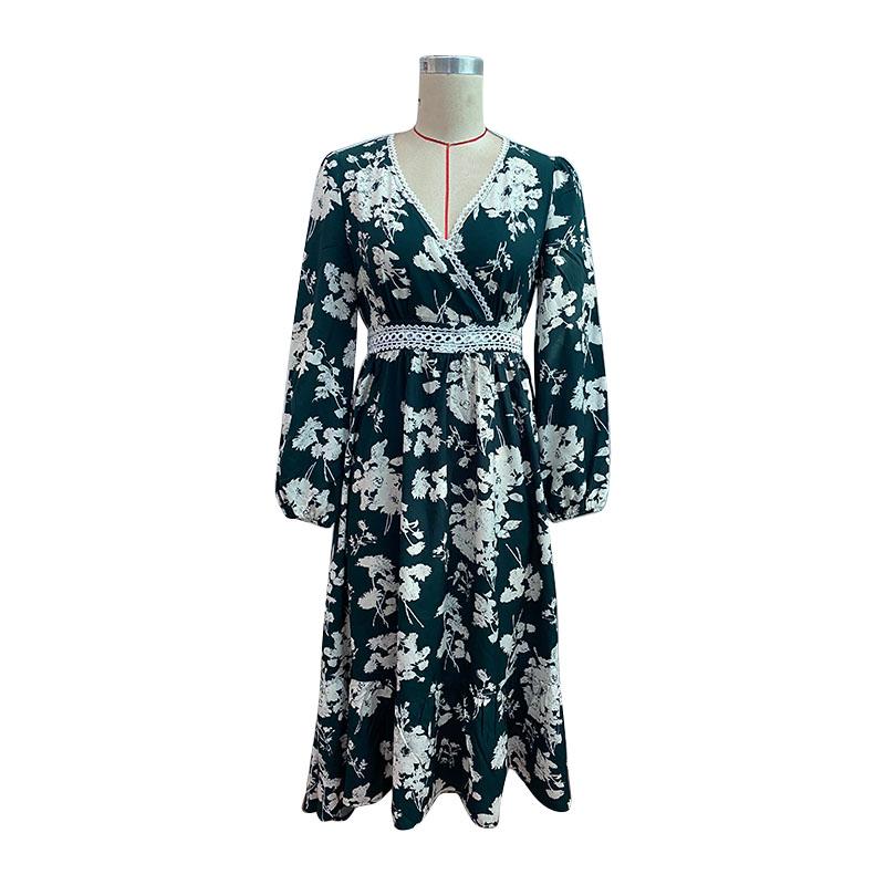 Женское весеннее платье с V-образным вырезом и рюшами и длинными рукавами с нерегулярным принтом и цветочным принтом