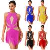 Womens Latin Tango Dance Leotard Allover Rhinestones Backless Tiered Tassel Contrast Color Bodysuit Performance Jumpsuit