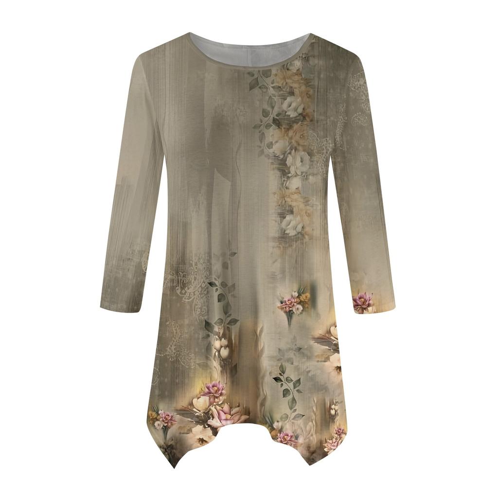 Женская модная повседневная рубашка с круглым вырезом и цветочным принтом, рукавами-семью, свободным удобным топом с поясом