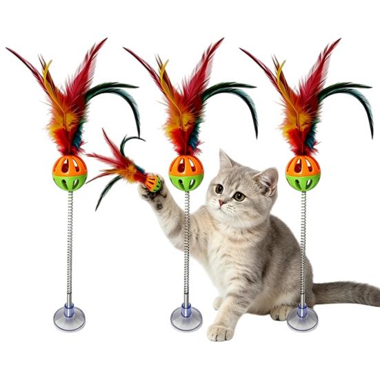 Funny Cat Stick with Suction Cup, Spring Rod Interactive Cat Feather Toy with Bell, Colorful Feather Teaser Toy for Indoor Cats And Kittens