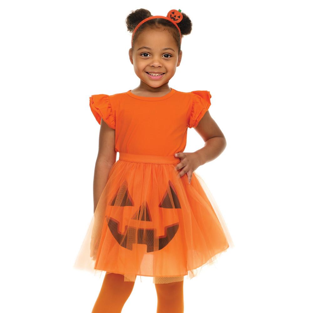 Halloween Ghost Face Pumpkin Veil Dress And Headband Set For Kids