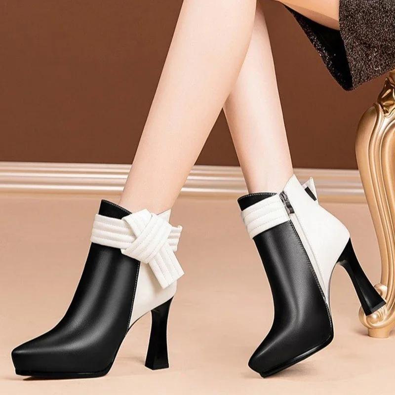 Женские ботинки челси на высоком каблуке до щиколотки, модная обувь для вечеринок, зимние новые туфли с бантом, туфли-лодочки с острым носком Mujer Zapatos