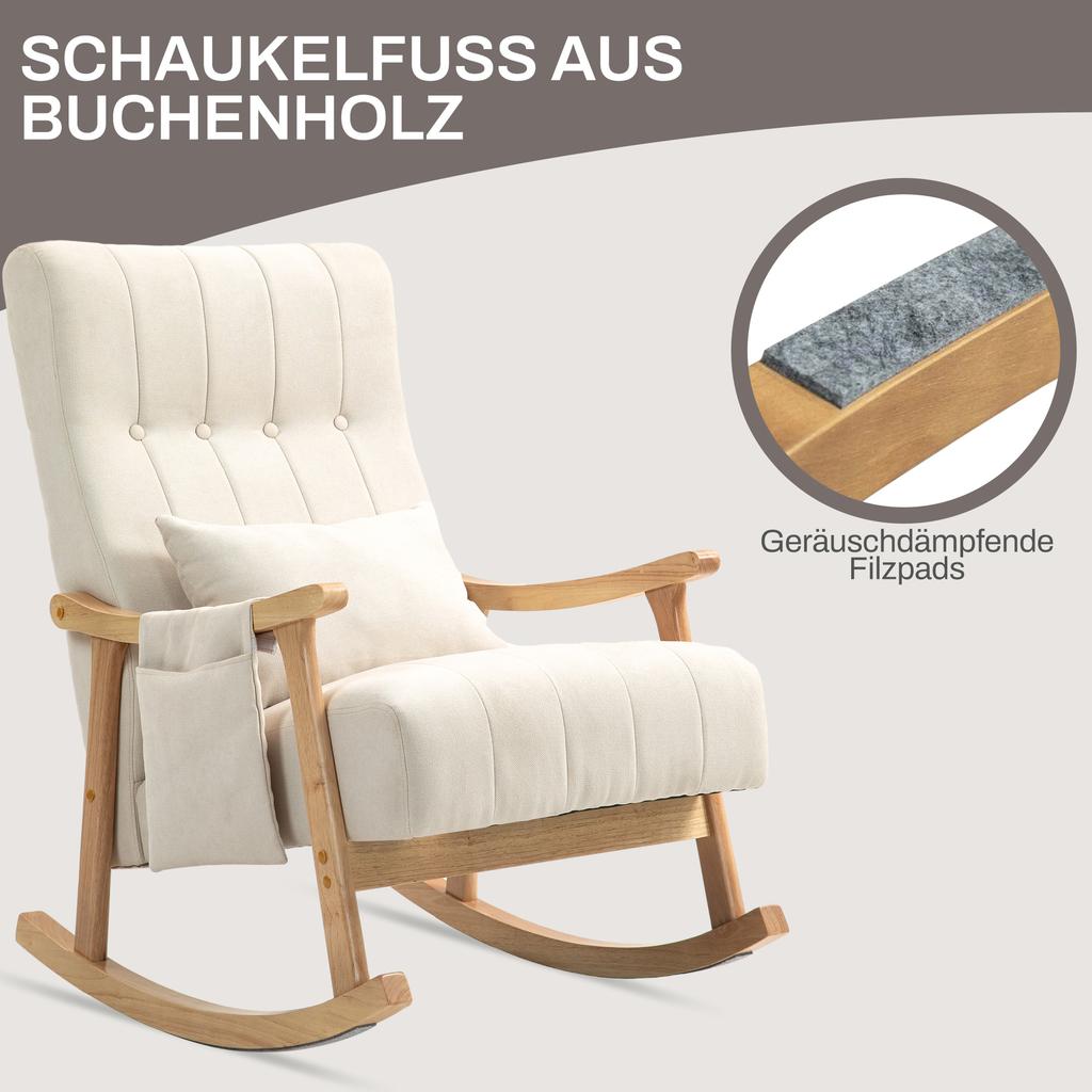 Rocking Chair with Lumbar Cushion, Wide Seat, Rubberwood Frame, Up to 120 kg, Beige