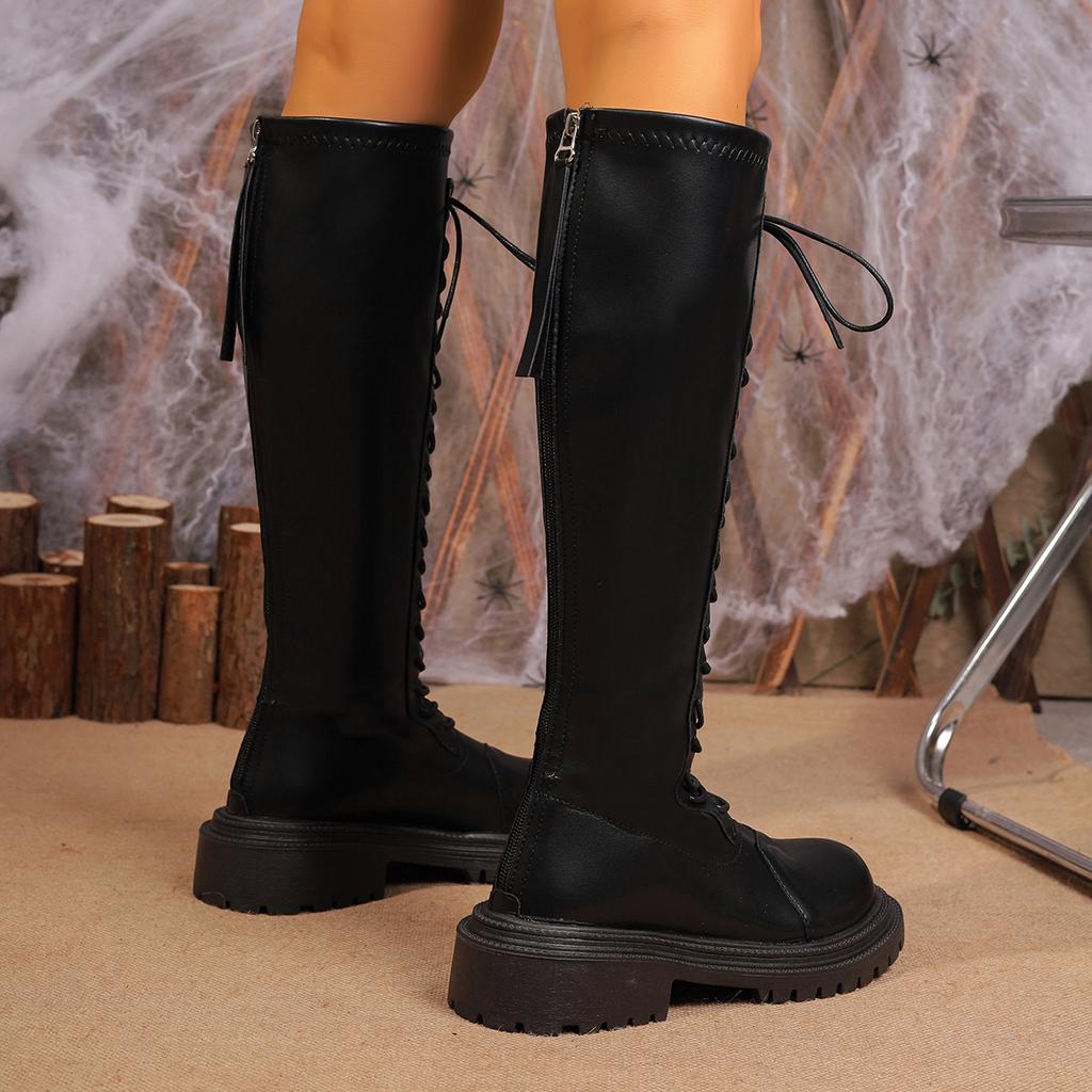 Fashion Fashion Platform Knee High Boots Women 2024 Autumn Lace Up Back Zipper Knight Boots Woman Black Faux Leather Long Botas Mujer
