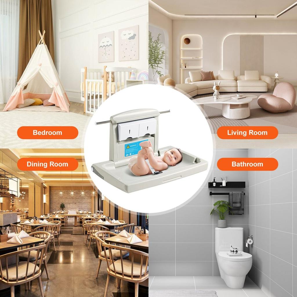 Wall-Mounted Baby Changing Station, Horizontal Foldable Diaper Change Table with Safety Straps and Hanging Rods, Use in Commercial Bathrooms, Daycare