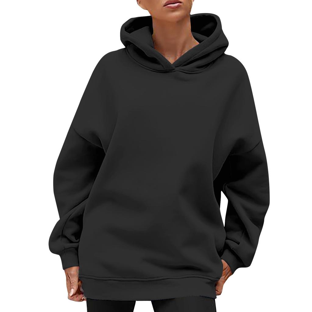 Женская модная повседневная свободная однотонная толстовка с капюшоном и длинным рукавом