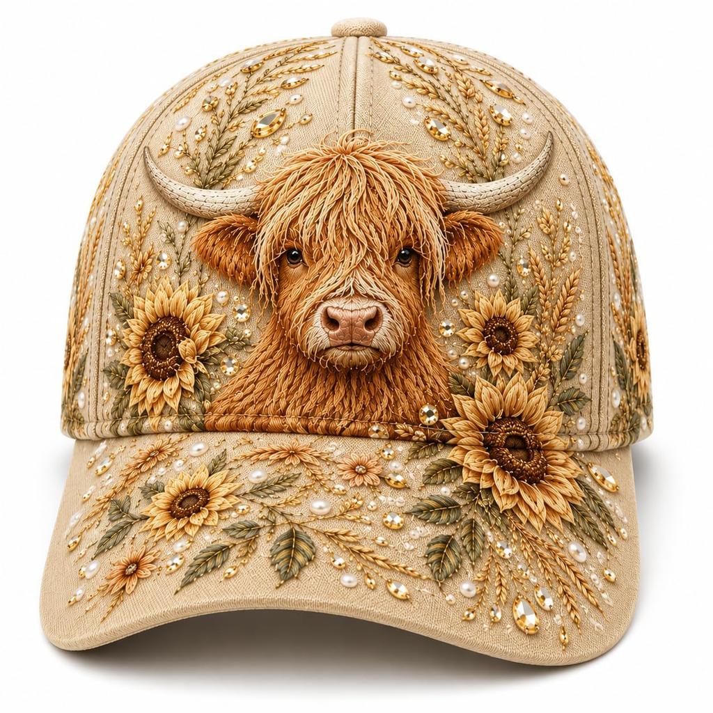 Floral Highland Cow Baseball Cap for Women, Adjustable Cow L