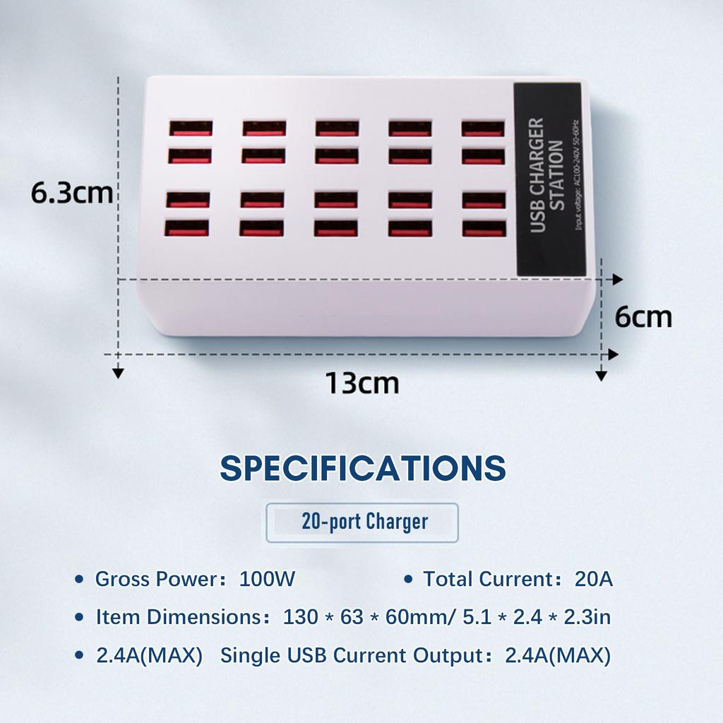 USB-зарядная станция мощностью 100 Вт. Зарядное устройство с USB-разъемом. 20-портовое настольное зарядное устройство, совместимое с IOS и Android.
