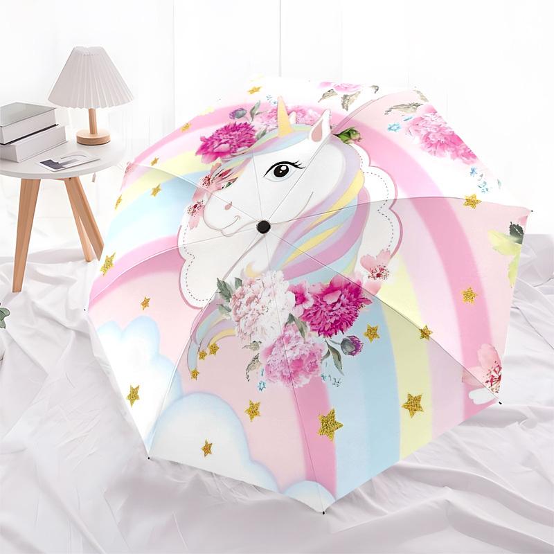 1PC Unicorn Flowers Umbrella-8-Rib Reinforced Portable Folding Travel Suitable for All Seasons Outdoor Daily -Z0488