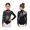 Kids Girls Dance Bodysuit: Mock Neck Long Sleeve Back Invisible Zipper Mesh Patchwork Butterfly Rhinestones Print Leotard for Performance