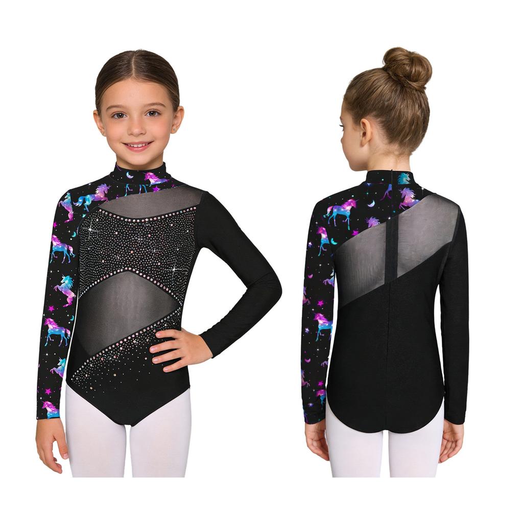 Kids Girls Dance Bodysuit: Mock Neck Long Sleeve Back Invisible Zipper Mesh Patchwork Butterfly Rhinestones Print Leotard for Performance