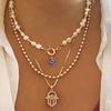 Layered Faux Pearl & Cubic Zirconia Necklace for Women, Gold-Tone Zinc Alloy Hamsa Hand & Evil Eye Pendant
