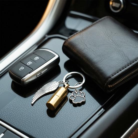 Stainless Steel Keychain Pendant Wings Paw Print Cylindrical Design Angel Ornament Compact Portable