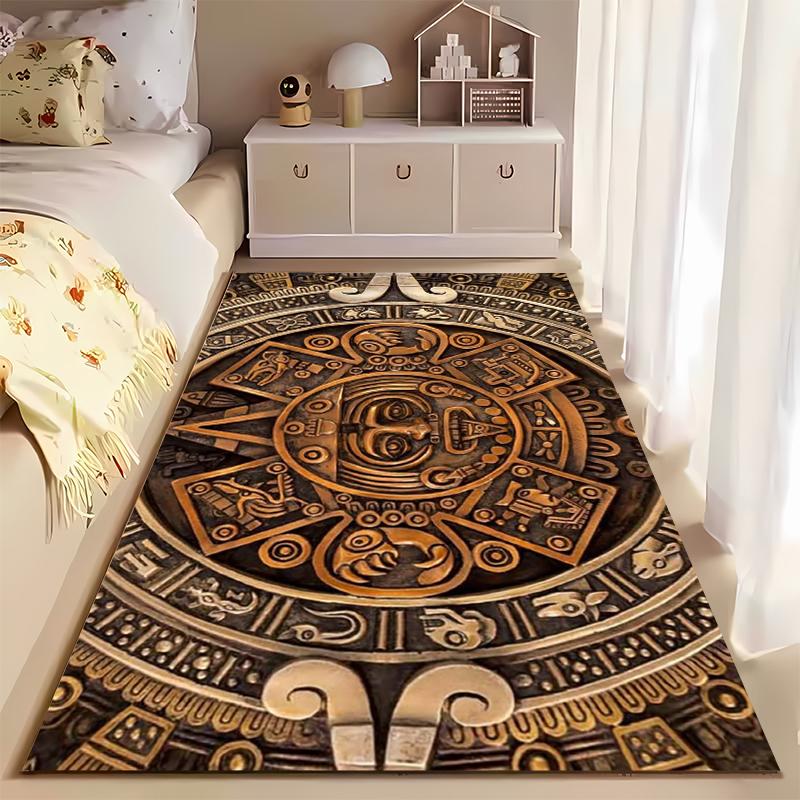 Area Rug, Mayan Aztec Calendar Sun Stone Bronze Gold Relief Print, Living Room Decor, Non-Slip Mat