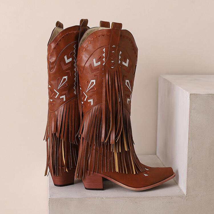 Модные новые осенне-зимние женские ботинки, модные вышитые ковбойские джинсовые ботинки для женщин, на толстом каблуке, с кисточками, ботинки до середины икры, женская обувь