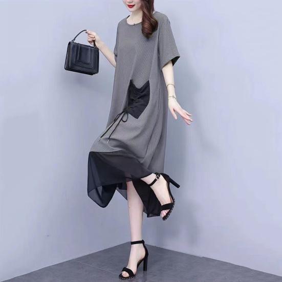Women's Summer Short Sleeve Midi Dress with Pocket Casual Crew Neck Mesh T-shirt