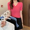 Summer V-neck Short-sleeved Knit Shirt Thin Slim T-shirt Female Design Sense Cross Short Tops Casual Essential Comfort Style Slim Fit Pullovers Tees