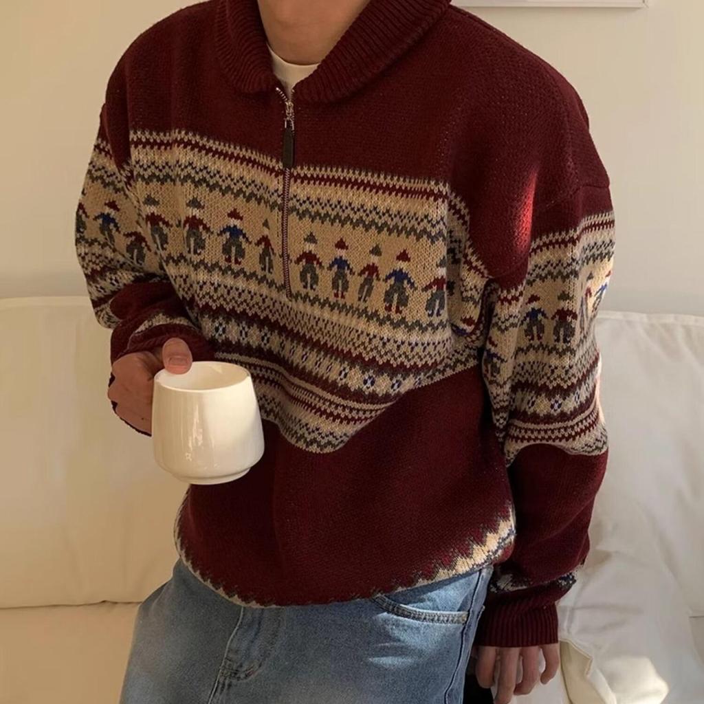 Мужской ретро красный свитер с лацканами, длинным рукавом и молнией до середины груди для осени и зимы