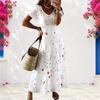 Women Plus Size V Neck Short Sleeve Floral Printed Dark Blue Straight Maxi Dress