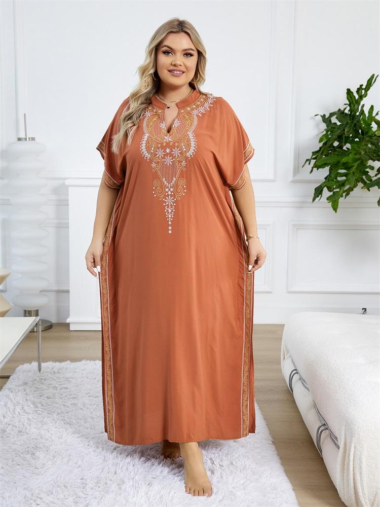 EDOLYNSA Embroidered Women's Batwing Sleeves Kaftan Caftans Fashion Holiday Moo Moo Dresses Loose Cozy Lounge Wear House Dress Wrap Q1653