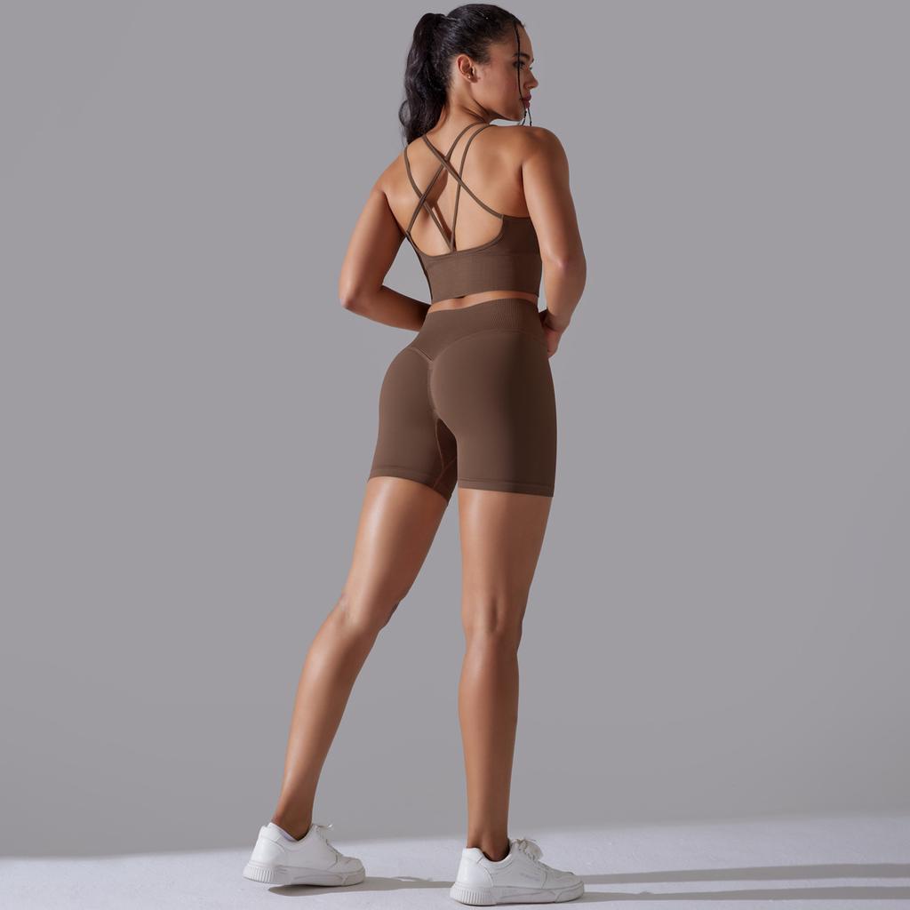 Seamless Knitted Solid Color Beautiful Back High Elastic Sports Tight Yoga Clothing Set Running Fitness Two-piece Set