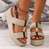 Мода 2024 года, повседневные сандалии на танкетке с металлической пряжкой, пеньковая веревка, толстая подошва, сандалии «рыбий рот», удобные универсальные римские туфли 36-43