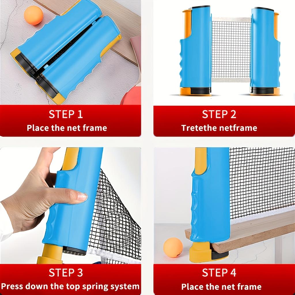 Portable Table Tennis Training Set Includes Blue Retractable Ball Net 2 Table Tennis Rackets and 3 Table Tennis Balls
