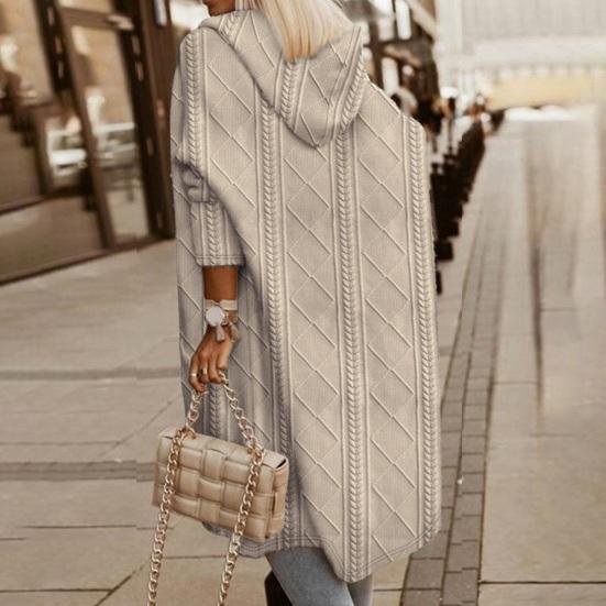 Женский осенне-зимний свитер, пальто с аппликацией с капюшоном, однотонный, толстый трикотаж, свободный, средней длины, с карманами, кардиган, с открытой строчкой, женский свитер, куртка