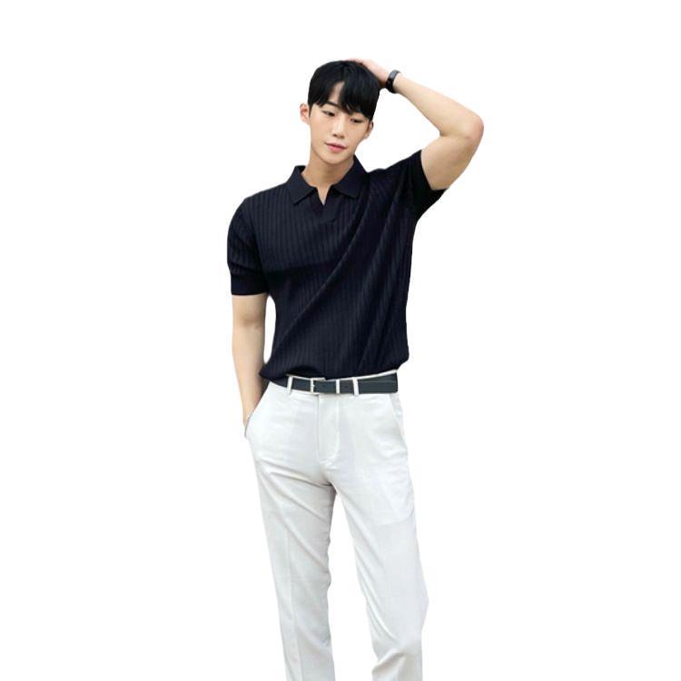 Men's Trendy Summer Japanese Style Polo Shirt - Short-Sleeved, Solid Color, Versatile Knitted Top