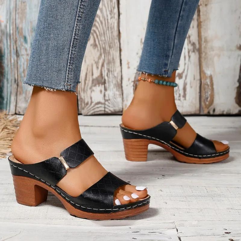 Модная женская обувь 2024 года, горячая распродажа, женские тапочки с открытой пяткой, модные однотонные женские туфли-туфли высокого качества с круглым носком на каблуках для женщин