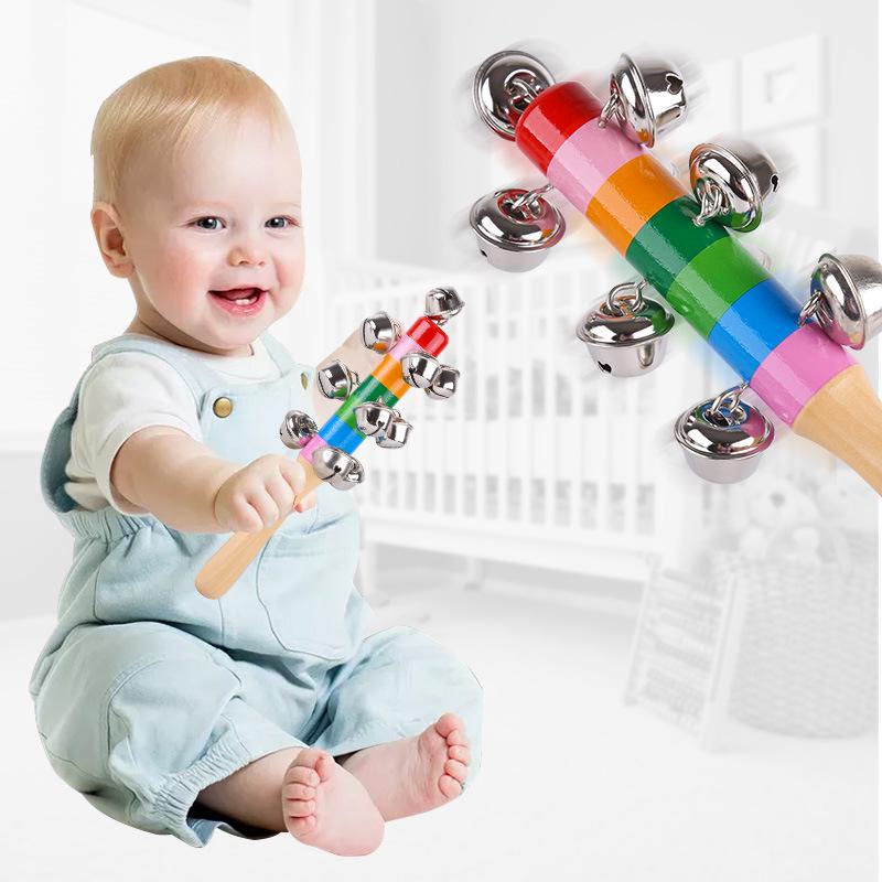 Rainbow Wooden Hand Rattle: 10 Bells Baby Soothing Toy