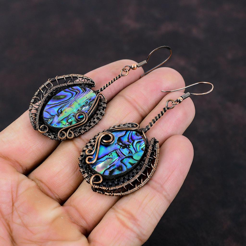 Серьги из ракушек-абалонов, драгоценные камни, серьги из медной проволоки, уникальные серьги ручной работы, украшения из ракушек-абалонов, подарок для нее, этнические серьги