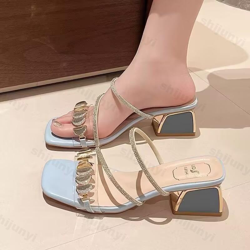 Fashion Summer Woman's High-heeled Slippers 2025 Square Toe Mules Rhinestone Fashion Glitter Slides Square Heel Pumps Sandalias De Tacón