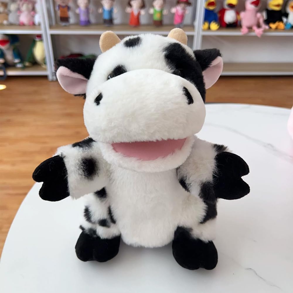 Muppets, stuffed toys, dolls, hand puppets, finger puppets, ventriloquists, puppets with moving mouths, cows, animals, farms, ranches, zoos, theater