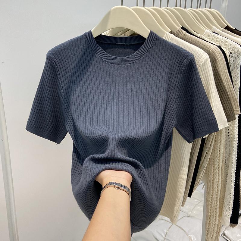 Женские свитера, пуловеры 2025 Лето Короткий рукав О-образный вырез Черный Повседневный вязаный свитер Женские топы Пуловер JJ236