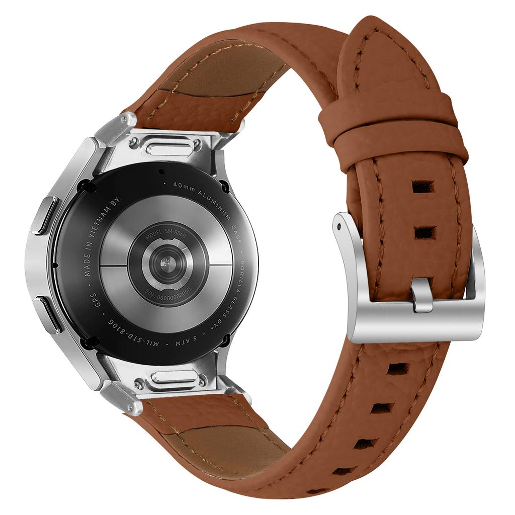 Genuine Cow Leather Strap with Connector for Samsung Galaxy Watch FE 40mm/Watch7/Watch6/Watch 5/Watch4 Litchi Texture Silver Buckle Watch Band