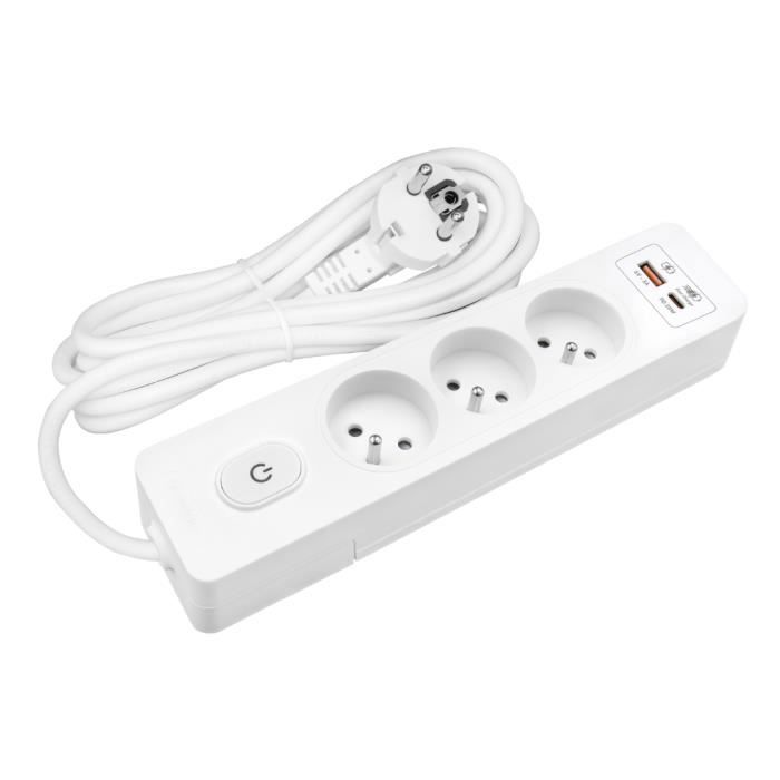 SELDUR G3FH12B Power Strip, 3 Type E Sockets + Switch, USB A+C Fast Charging 20W, White, 1.5m Cable